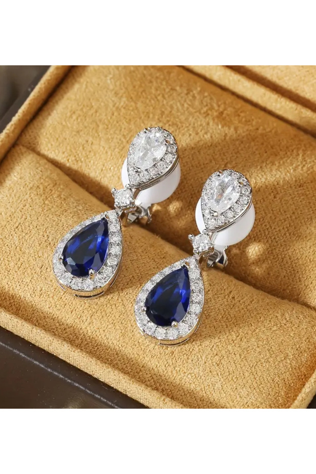Drop Model Clip-On Women's Earrings with Blue Sapphire Zircon Stone