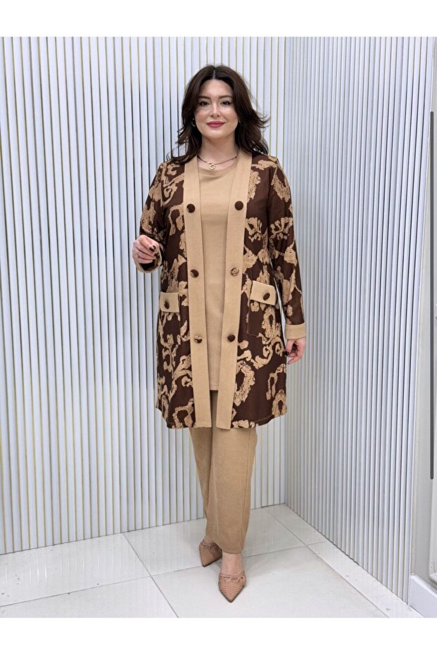 Floral Patterned Large Size 3-Piece Tunic Set - 1