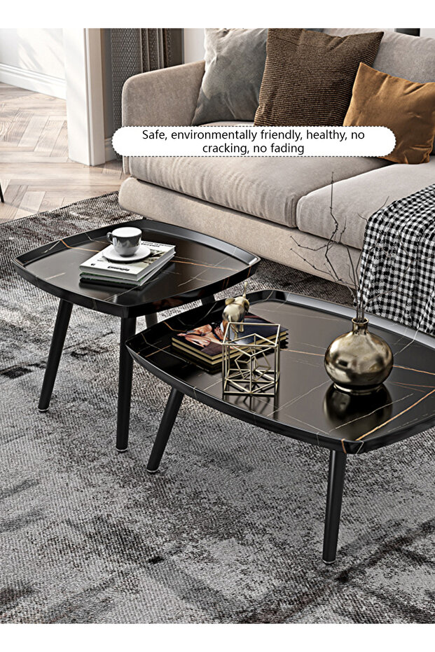 طاولة جانبية صغيرة مربعة الشكل لغرفة المعيشة الحديثة، طاولة قهوة، طاولة مربعة ذات ملمس رخامي أسود - 2