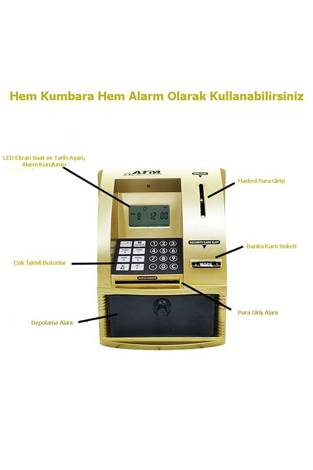 LCD Ekran ATM Şifreli Kumbara Kağıt Demir Para Girişli Kartlı Sesli Yönlendirme Takvim Saat - 9