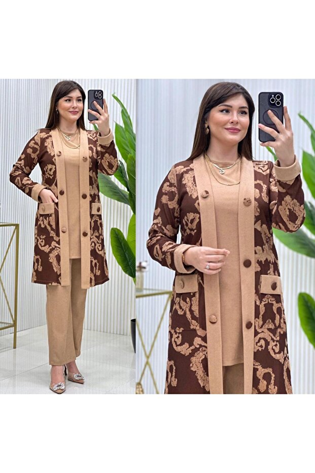 Floral Patterned Large Size 3-Piece Tunic Set - 4