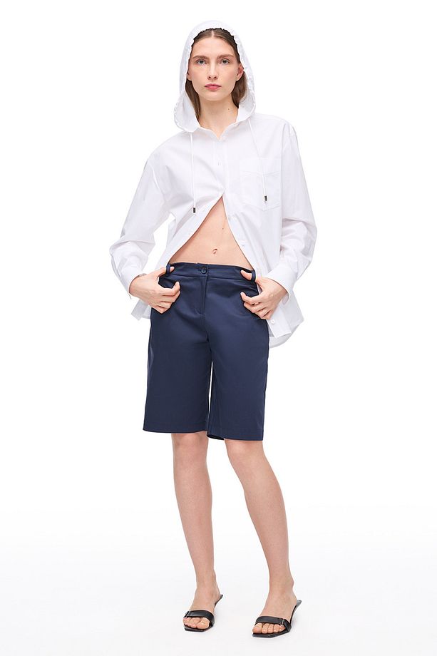 Lacivert Milos Slim Fit Yüksek Bel Dar Paça Diz Üstü Şort - 1