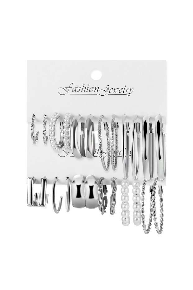 5643202 12pcs Of Suit Silver-color Alloy Earrings Square Geometric Earrings Vintage Fake-pearl Earri