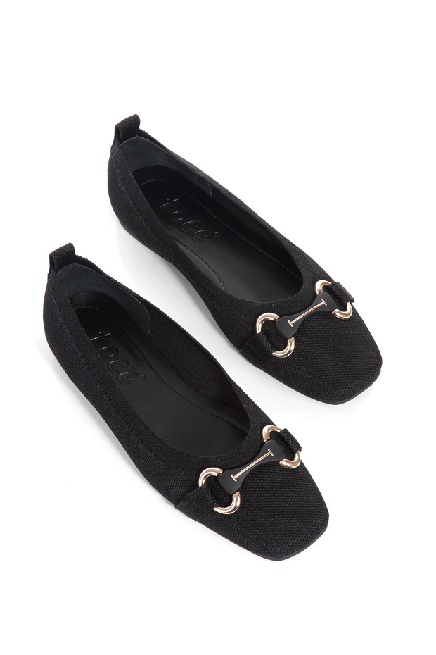 Women's Black Striped Buckle Detailled Angled Toe Knitwear Ballet
