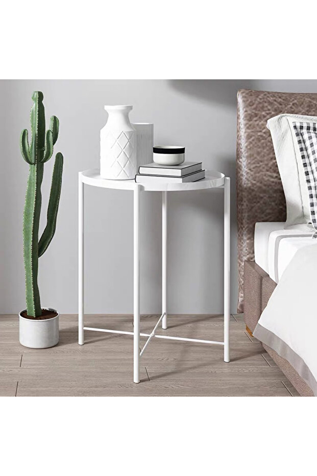 طاولة فولاذية دائرية باللون الأبيض - 3