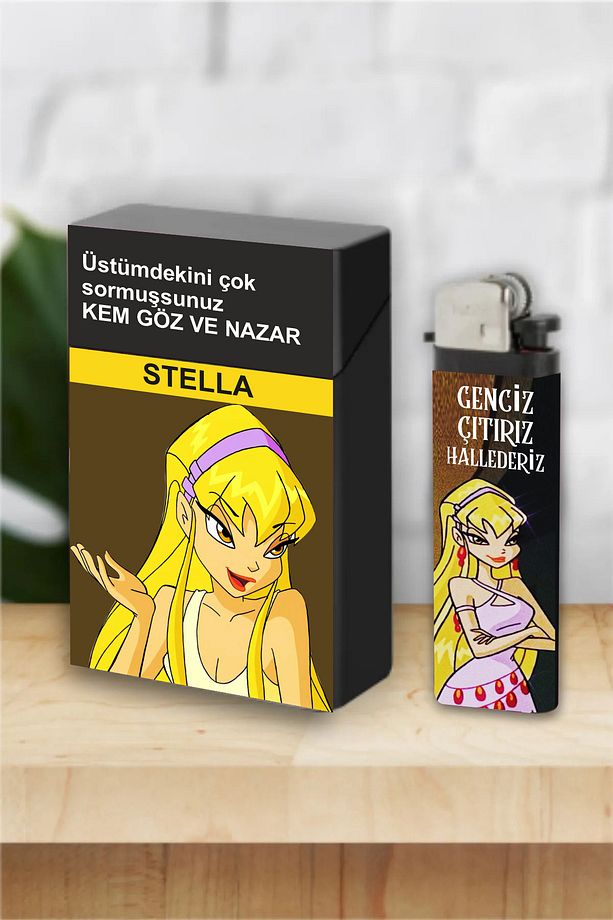 2'li Kem Göz ve Genciz Çıtırız Stella Winx Baskılı Sigara Kutusu ve Çakmak Seti - 1