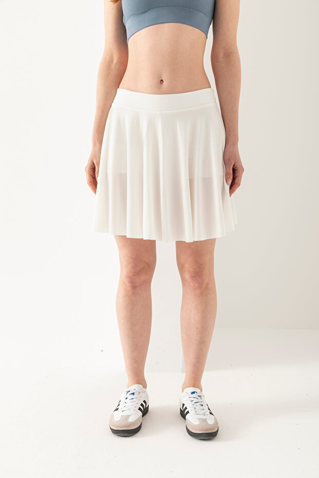 Women's White Elastic Waist Flared Skirt with Flared Shorts