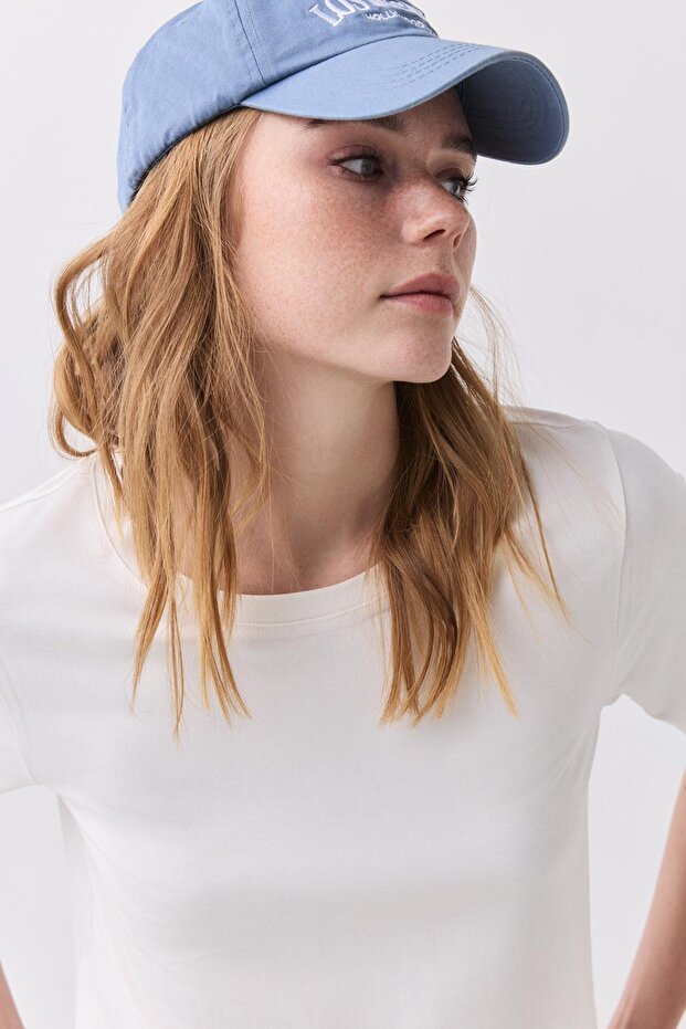 Kadın Slim Basic Viskon Tshirt Ekru 8013 - 3