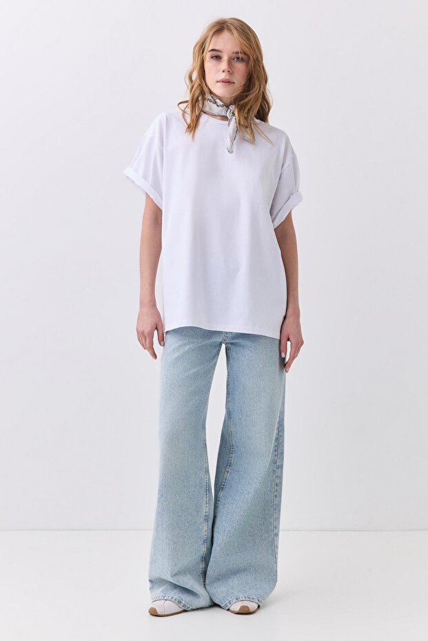 Kadın Pamuk Oversize Basic Tshirt Beyaz 5012 - 6