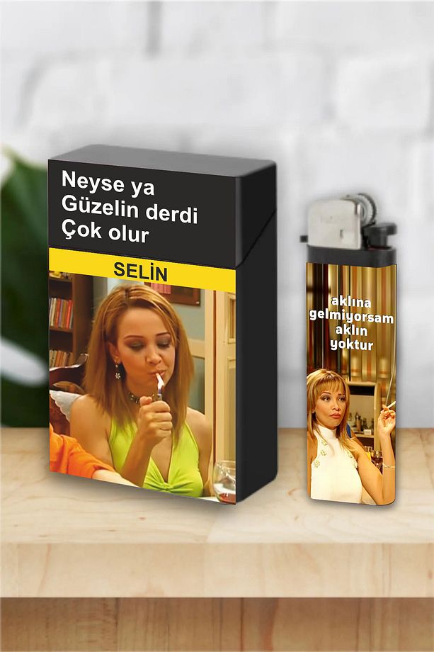 2'li Selin Avrupa Yakası Baskılı Sigara Kutusu ve Çakmak Seti - 1