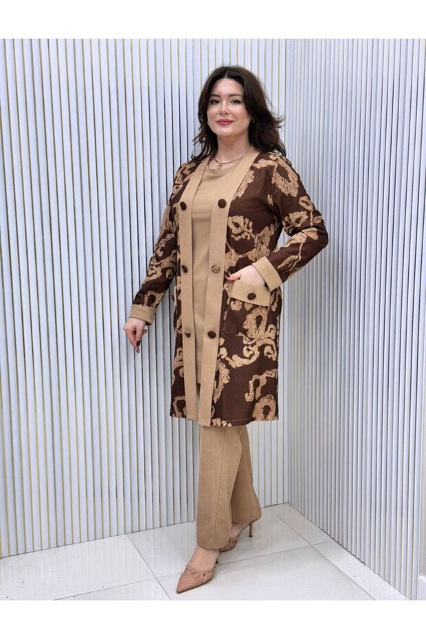 Floral Patterned Large Size 3-Piece Tunic Set - 3