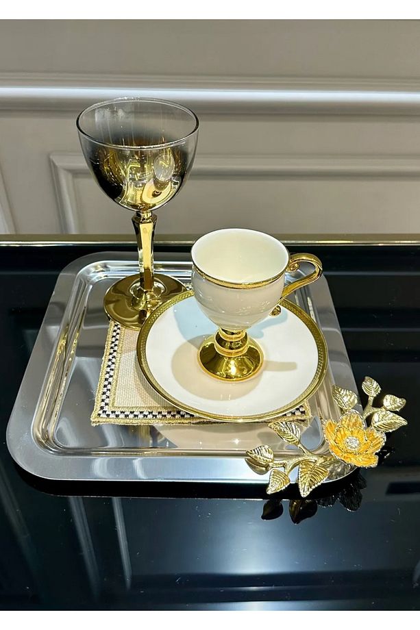 Tek Kişilik Metal Gümüş Gold Kahve Çay Sunum Tepsi 6 Adet - 1
