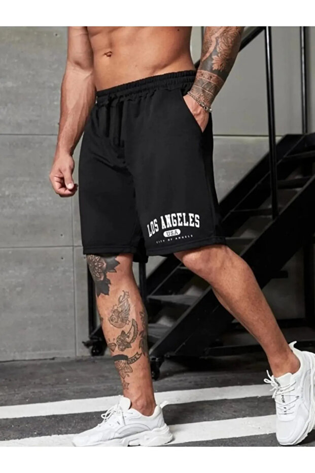 TREND ALİSSE Erkek bermuda Spor Şort Cepli Los Angeles Baskılı Gym Fitness Şortu