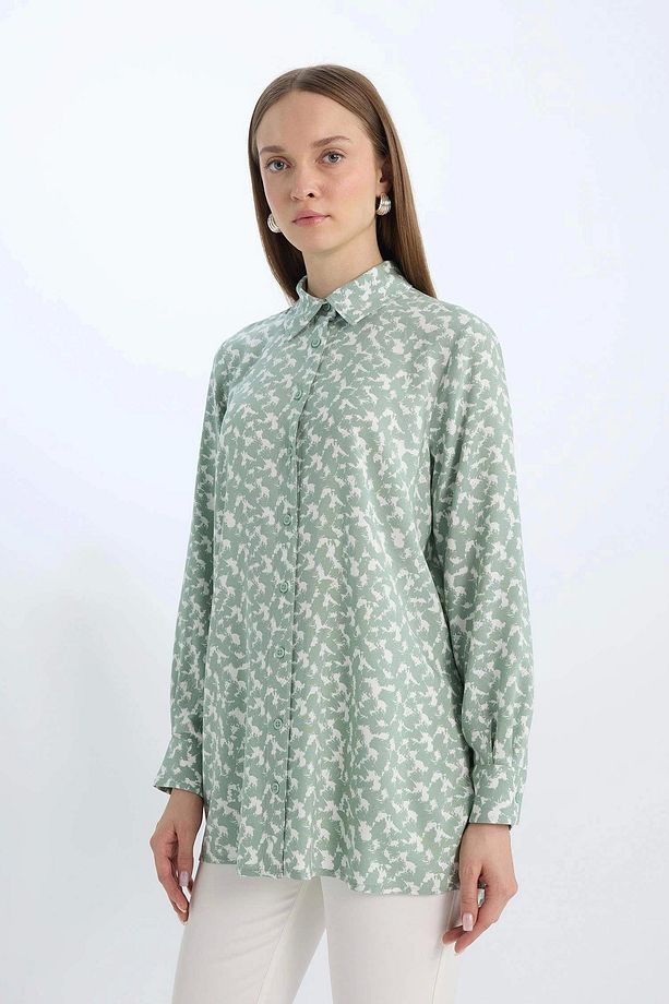 Z5833 Yeşil Regular Fit Desenli Uzun Kollu Gömlek Tunik - 4