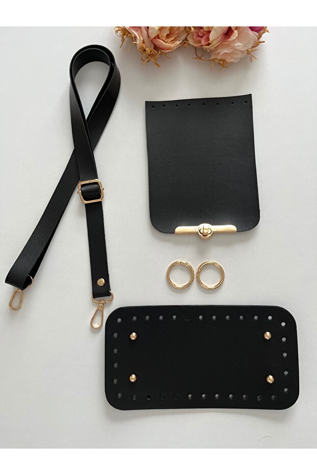 Faux Leather Strap, Flap, Base Kit for Knitting Bags Black Color