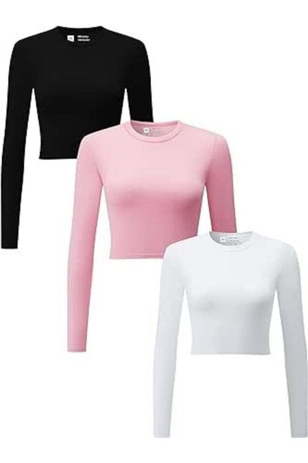 Women's 3-Piece Ribbed 100% COTTON Crew Neck Knitted Camisole Long Sleeve Crop Blouse