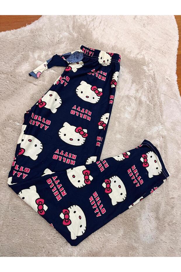 Hello Ki̇tty Patterned Pajama Bottom Hello Ki̇tty Navy Blue Women's Pajama Bottom with Ribbon