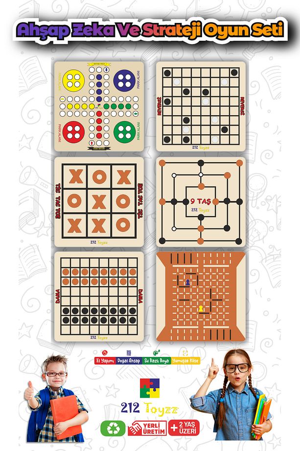 Ahşap Zeka Ve Strateji Oyun Seti 6 ad reversi-kızma birader-dama-tic toc toe-koridor oyunu - 1