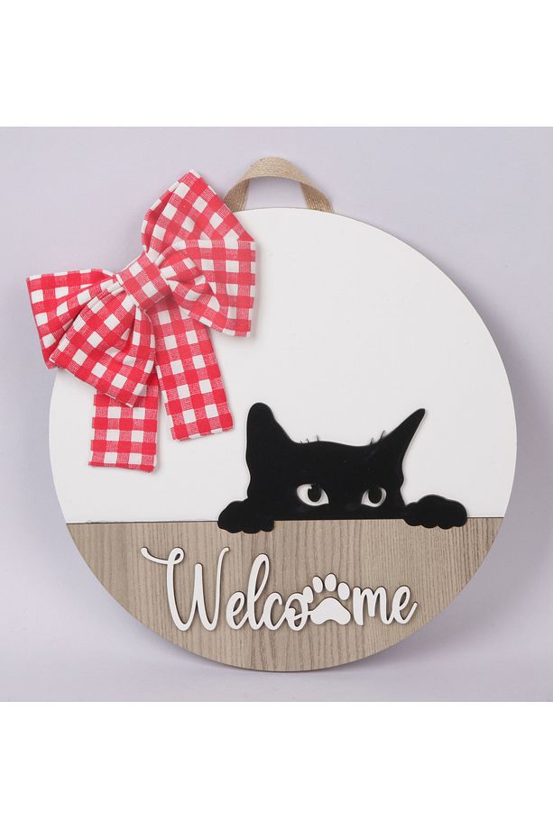 Welcome Kedi Figürlü Ahşap Kapı Süsü-kedili Ahşap Mdf Kapısüsü - 1