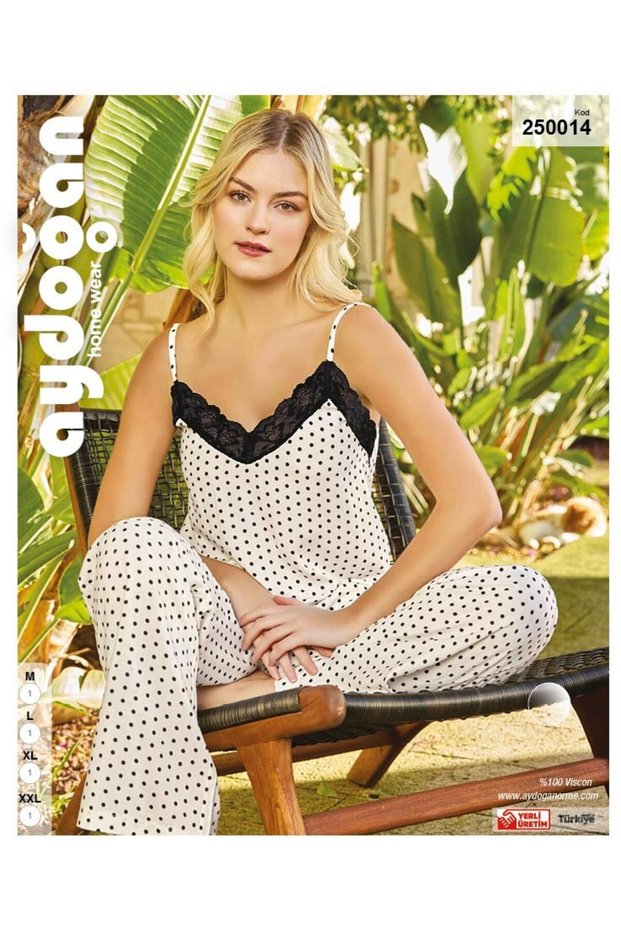 Brand 100% Viscose Strap Polka Dot White Color Women's Pajama Set 250014