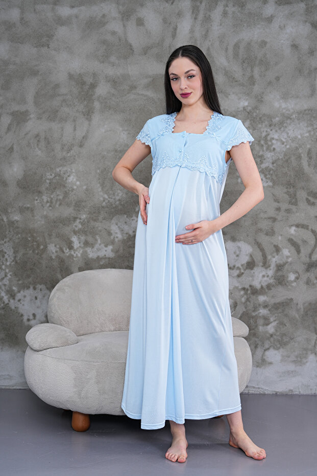 Women's Blue Lace Summer Special Design Full Length Cotton Maternity Maternity Nightgown