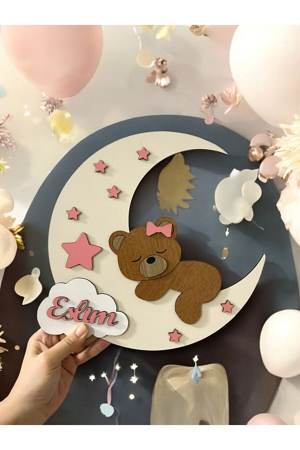 Uyuyan Ayı Teddy Bear Desenli Kişiye Özel Çocuk ve Bebek Odası  Ahşap Kapı ve Duvar Süsü. - 2