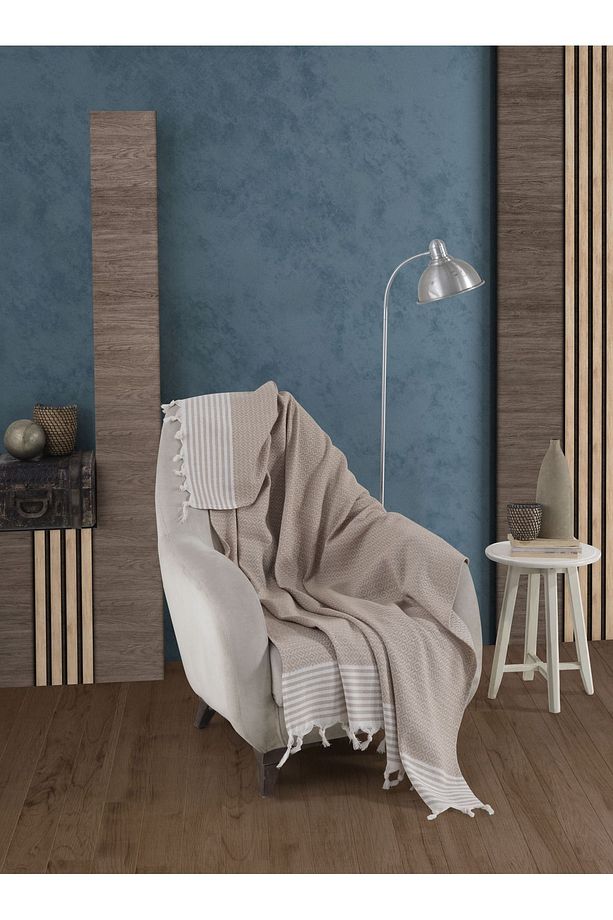 Bergama Bej Tekli Koltuk Berjer Örtüsü 150 x 180 cm Kanepe Divan Çekyat Örtüsü Pamuklu Püsküllü - 1