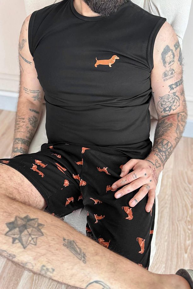 Siyah Dasch Baskılı Sıfır Kol Şortlu Erkek Pijama Takımı - 7