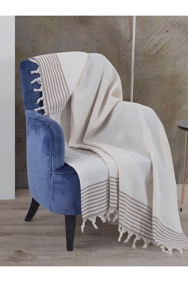 Bergama Ekru Tekli Koltuk Berjer Örtüsü 150 x 180 cm Kanepe Divan Çekyat Örtüsü Pamuklu Püsküllü - 2
