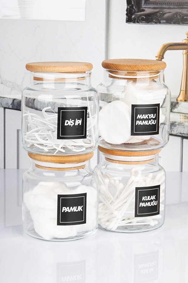 4-Piece Ear Cotton and Cotton Jar with Vacuum Lid 500 ml