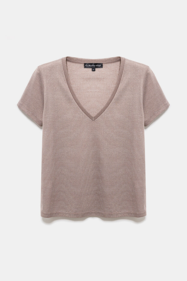 Shiny V-Neck Basic T-Shirt - 1