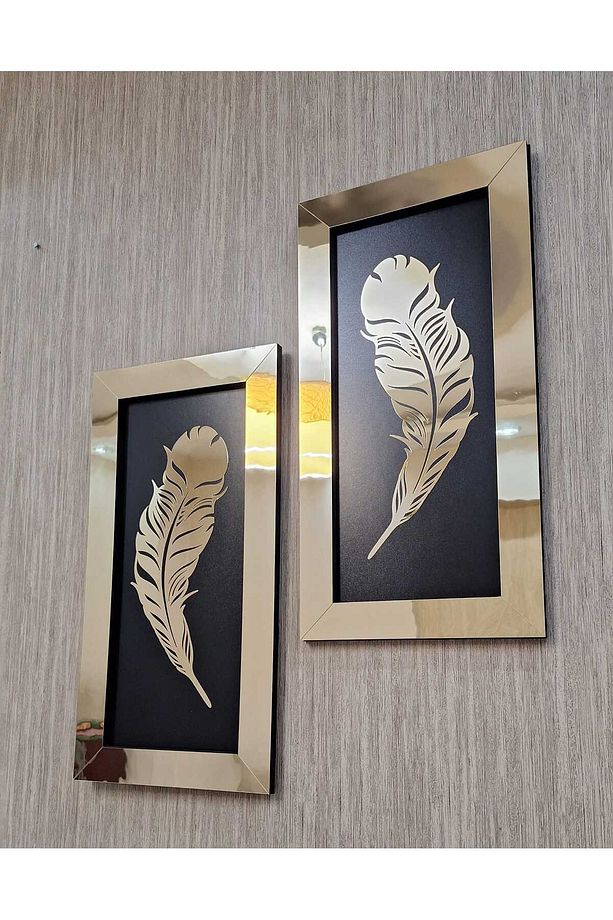 2 Li Aynalı Pleksi Tablo 3 Boyutlu Çerçeve Tüy Model Altın Sarısı - 8