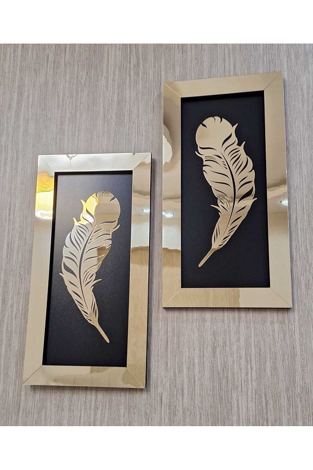 2 Li Aynalı Pleksi Tablo 3 Boyutlu Çerçeve Tüy Model Altın Sarısı - 2