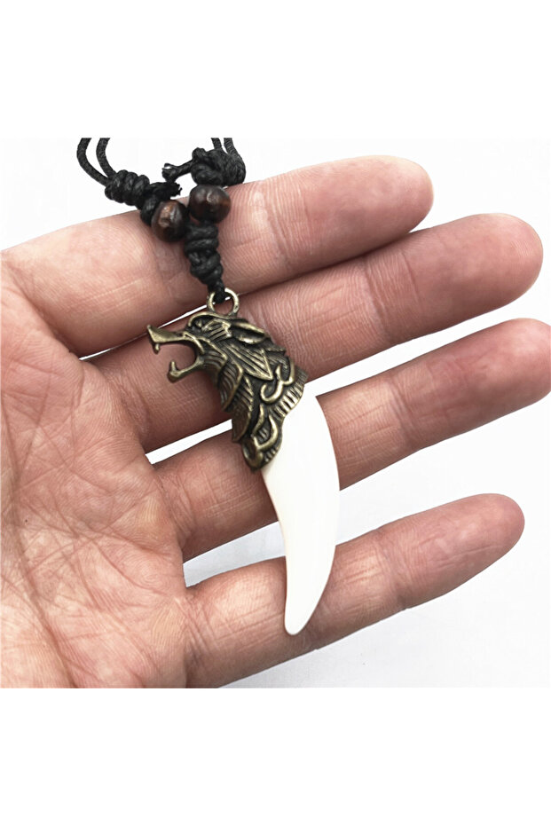 Antique Bronze Vintage Silver Plated Wolf Tooth Pendant Necklace Acrylic White Tooth Charms Beads Sw