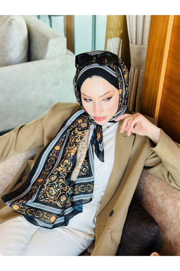 فرسا نمط القطن الحرير شال أسود - 2