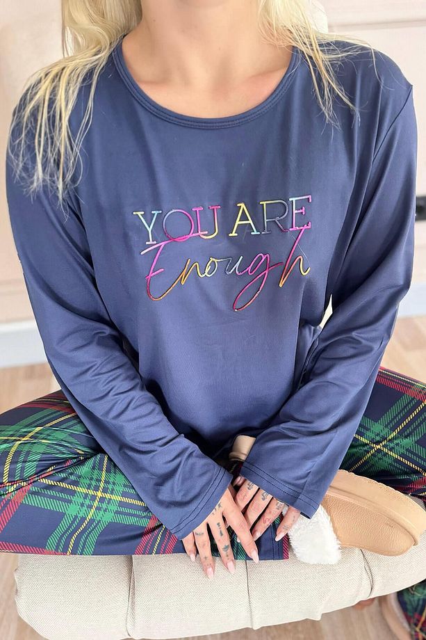 Lacivert Enough Desenli Bambu Uzun Kol Kadın Pijama Takımı - 5