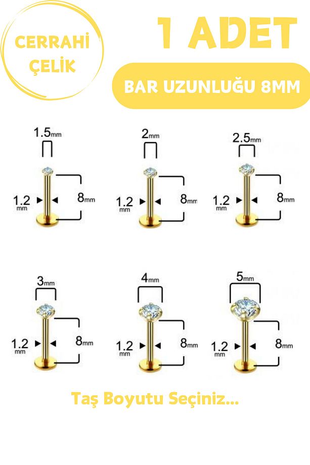 Cerrahi Çelik 8mm Zirkon Taş Tragus Helix Kulak Kıkırdak Flat Conch Dudak Burun Snake Bites Piercing - 1