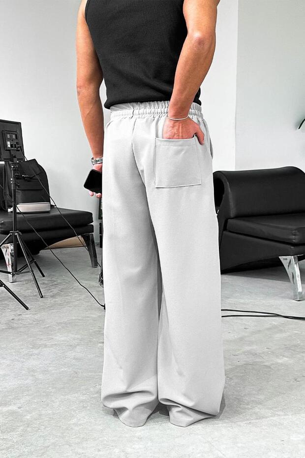 Gri Basic Beli Lastikli Baggy Kumaş Pantolon - 5