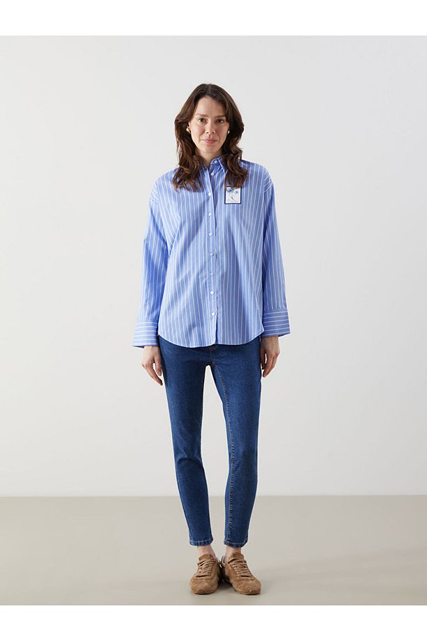 LCW Comfort Mavi Çiçekli Oversize Poplin Kadın Gömlek - 4
