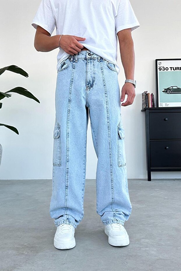 Ice Blue Front Design Baggy Trousers with Pockets