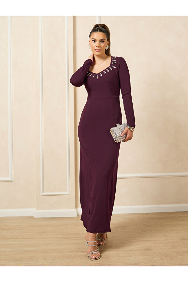 Embellished Long Sleeves Sheath Maxi Dress