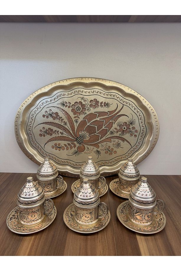 Kahve Seti 6 Kişilik Bakır Üzerine Gümüş Kaplama Eskitme Bakır İşleme Oval Tepsili - 4
