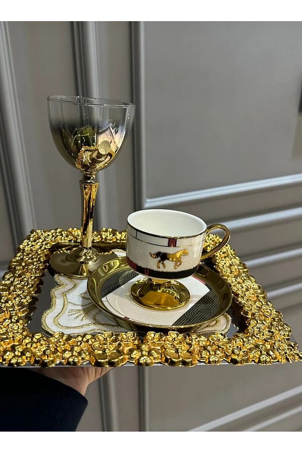 6 Adet Tek Kişilik Metal Gold Döküm Çay Kahve Sunum Tepsisi - 3