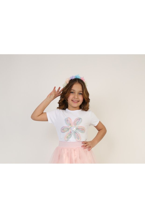 Tulle Detailed Flower Patterned Girl's T-Shirt April 23 October 29 November 10 May 19 Show Clothes