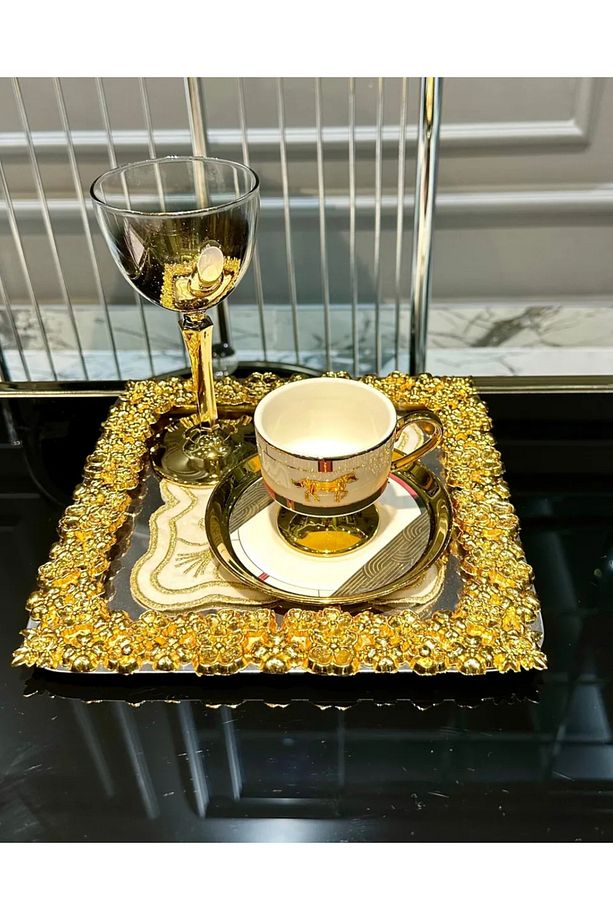 6 Adet Tek Kişilik Metal Gold Döküm Çay Kahve Sunum Tepsisi - 4