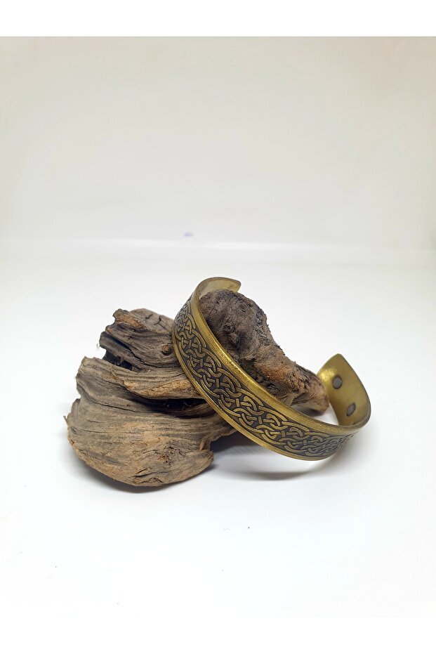 Magnetized Golden Yellow Viking Celtic Model Brass Handmade Handcuff Bracelet, Stress Bracelet No:7