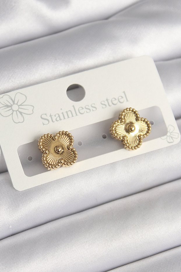 316L Steel Gold Color Processing Detailed Clover Model Women's Earrings - Tj-Bkp10196