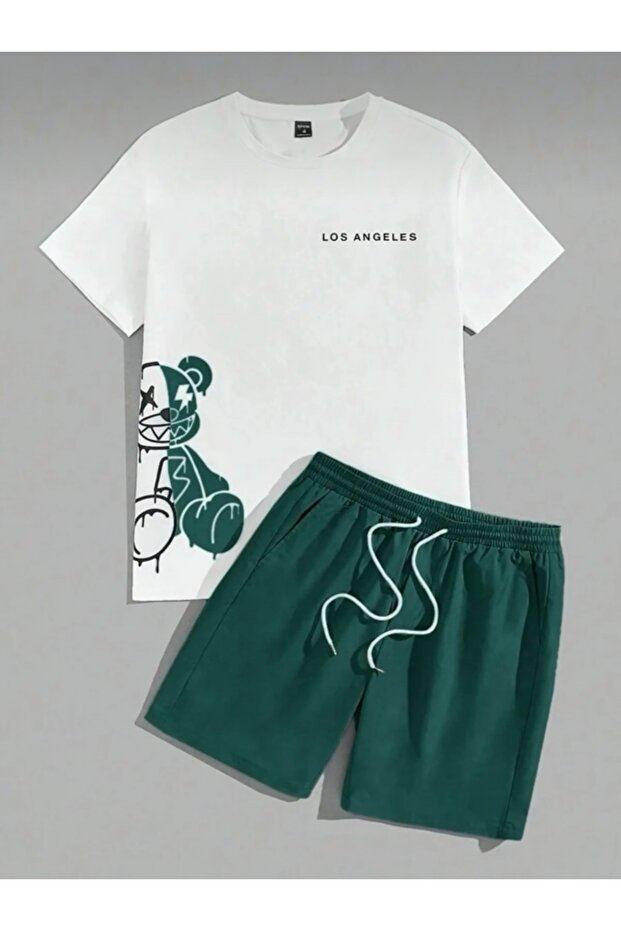 Men's Green White Oversize Little Bear Printed Crew Neck T-Shirt Shorts Set