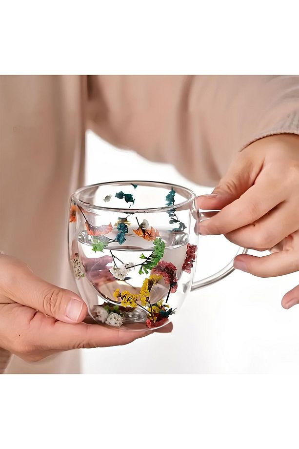 Çift Cidarlı 250 ml Kulplu Cam Kupa 2'li | Çiçekli Şeffaf Kahve ve Çay Bardağı - 3