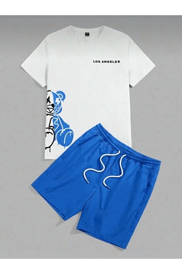Men's White Blue Blue Oversize Little Bear Printed Crew Neck T-Shirt Shorts Set